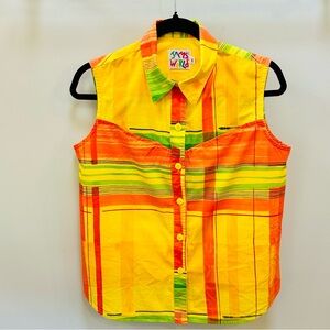 Jams World Women’s Size M Vibrant Sleeveless Button-Up Shirt p-p 19” s-h 22.5”